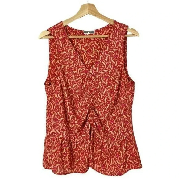Boutique Pleione Red Floral Ruched Middle Tank Top S - Picture 1 of 4